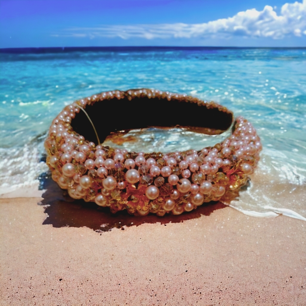 Pink Faux Pearl Metal Flowers with Rhinestone and Crystals Headbands